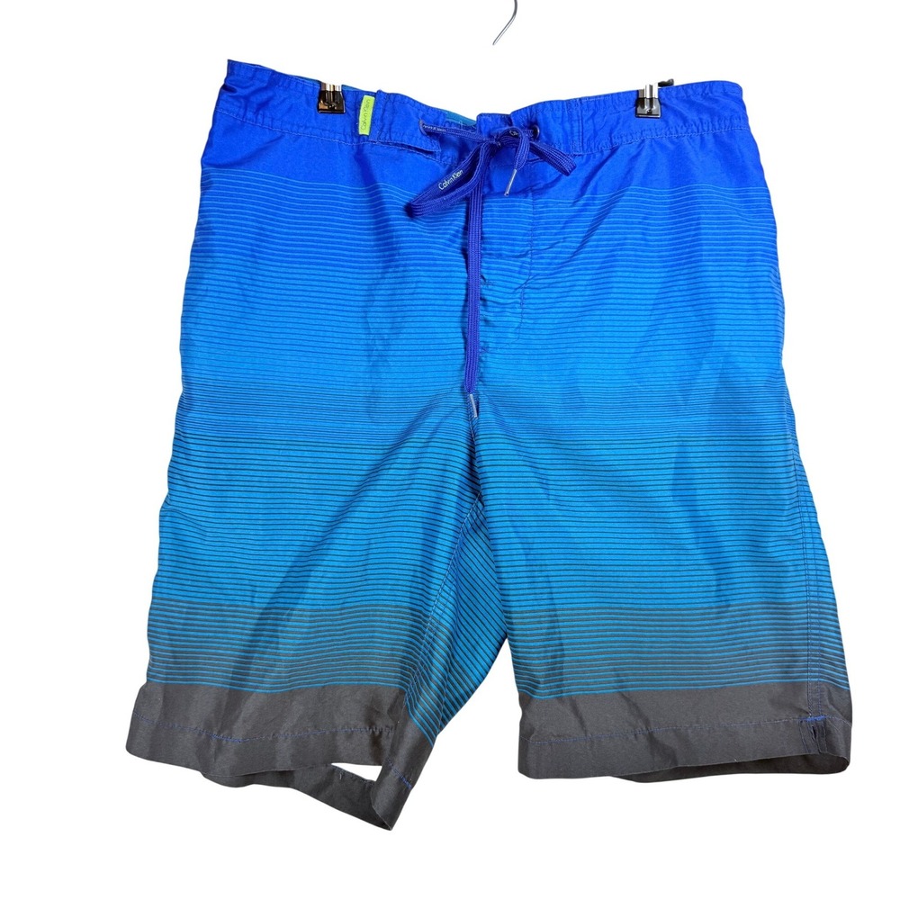 Calvin Klein Men Blue Stripe Swim Trunks Board Shorts Elastic Waist Drawstring‎
